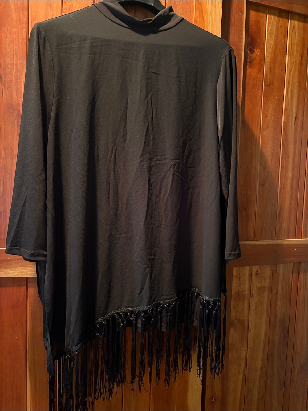 Peck & Peck Black Tunic with Asymmetrical Fringe Trimmed Hem and 3/4 Sleeves